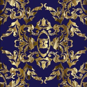 Gold Baroque seamless pattern. Dark blue vector patterned damask background Stock Illustration