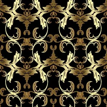 Gold Baroque seamless pattern. Vector floral black background wallpaper with  스톡 일러스트