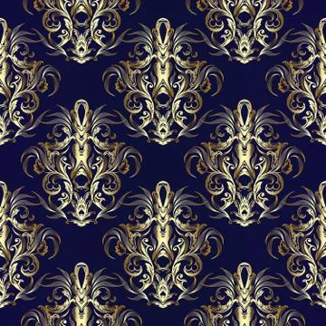 Gold Baroque seamless pattern. Vector royal ornate blue damask b Stock Illustration