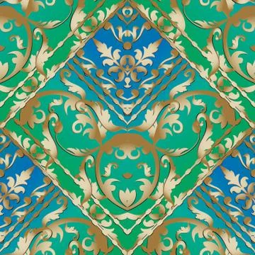 Gold Baroque striped seamless pattern. Blue and green floral vector baclgroun イラスト素材