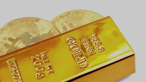 Gold bars and Bitcoin (BTC) on an isolated white background 스톡 동영상 325015558