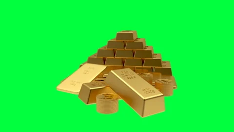 Gold bars and bitcoin sign on a green screen in 3D animation. 4K Video stock 145539853