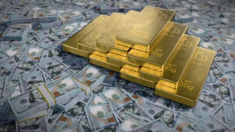 Gold Bars and Dollar Bills on The Background Stock Footage 313956789