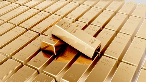 Gold bars and ingots stack in a row. Stock Footage 318314721