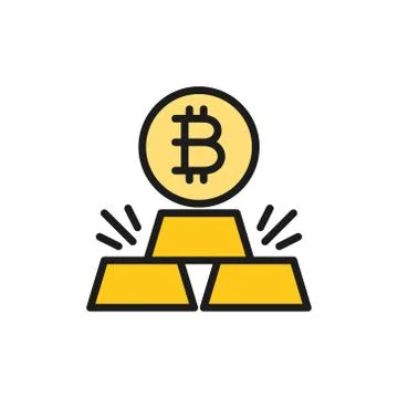 Gold bars with bitcoin, cryptocurrency flat color icon. Stock Illustration