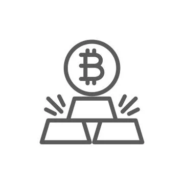 Gold bars with bitcoin, cryptocurrency line icon. Stock Illustration