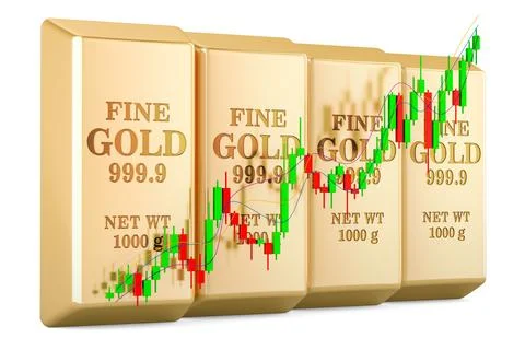 Gold bars with candlestick chart, showing uptrend market. 3D rendering Stock Illustration