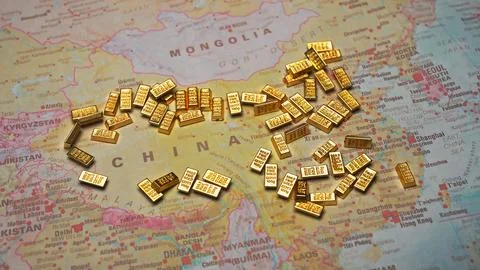 Gold bars on China map wealth and economy concept. Stock Photos