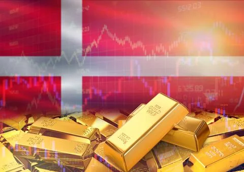 Gold bars on Denmark flag in background. Gold bars stacked on Danish flag. .. Stock Photos