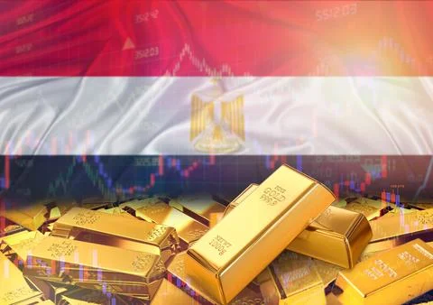 Gold bars on Egypt flag in background. Gold bars stacked on Egyptian flag. .. Stock Photos