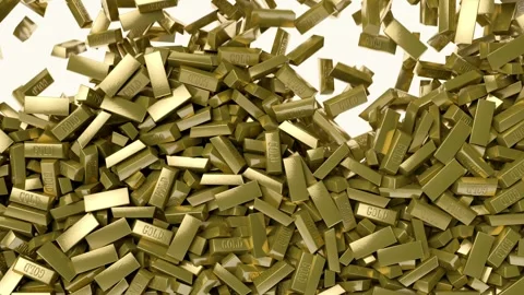 Gold bars falling down. Golden bars drooping and stacking. 動画素材 267843247