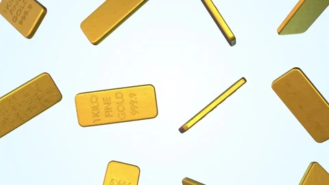 Gold Bars Falling on a Light Blue Background. Gold Bricks 3D Animation. 4K Stock Footage 296061153