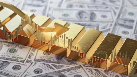 Gold Bars with Financial Chart on Dollar Bills Stock Footage 297775915