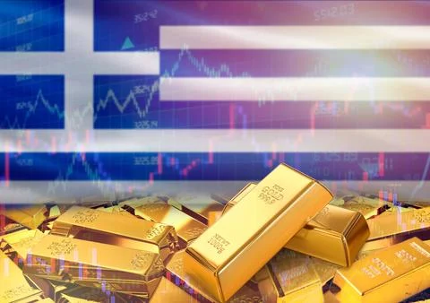Gold bars on Greece flag in background. Gold bars stacked on Greek flag. Co.. Stock Photos