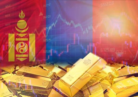 Gold bars on Mongolia flag in background. Gold bars stacked on Mongolian fl.. Foto stock