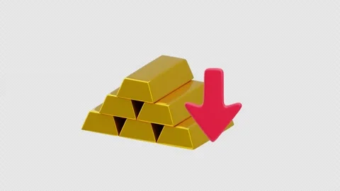 Gold bars with red arrow showing price drop 3d animation Stock Footage 319994432
