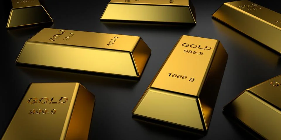 Gold bars stacked. 3D rendering. Stock Illustration