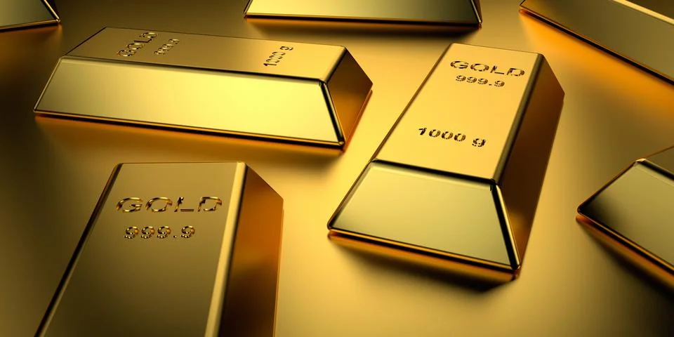 Gold bars stacked. 3D rendering. Stock Illustration