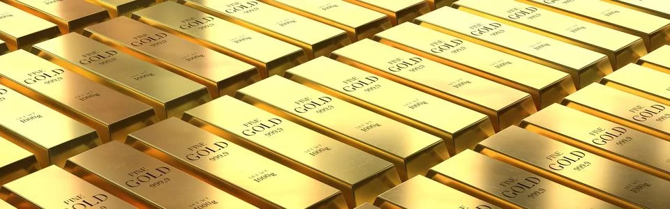 Gold Bars Stacked in Endless Rows - 3d illustration Stock Illustration