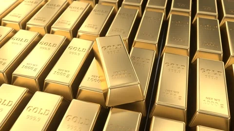 Gold bars stacked in a stack, panorama, 3D animation Stock Footage 261371899