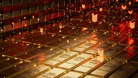 Gold Bars Stacked in a Vault With Red Arrows Pointing Down, Falling Gold Prices Ilustración de archivo