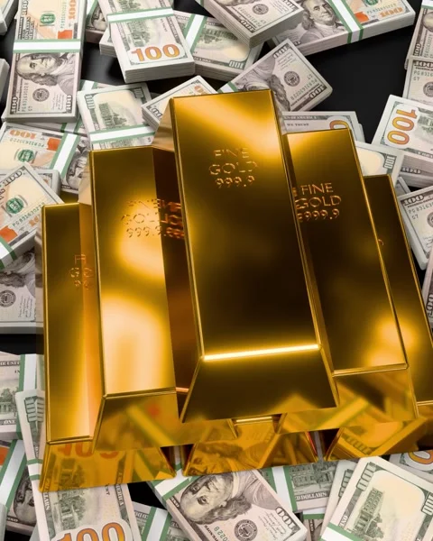 Gold bars on stacks of dollar bills Stock Footage 300851090