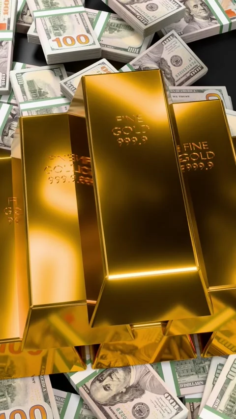 Gold bars on stacks of dollar bills Stock Footage 300851356