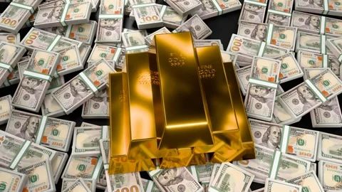 Gold bars on stacks of dollar bills Video stock 300851450