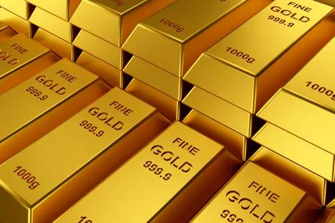Gold bars for website banner. 3D rendering of gold bars. Stock Illustration