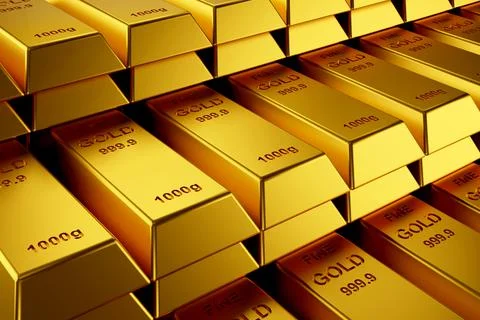 Gold bars for website banner. 3D rendering of gold bars. Stock Illustration