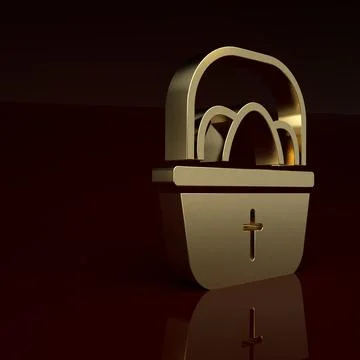 Gold Basket with easter eggs icon isolated on brown background. Happy Easter 스톡 일러스트