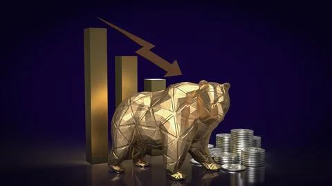 The gold bear and chart  arrow down for business concept 3d rendering Stock Illustration