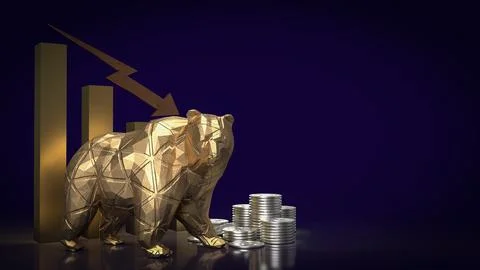 The gold bear and chart  arrow down for business concept 3d rendering Stock Illustration