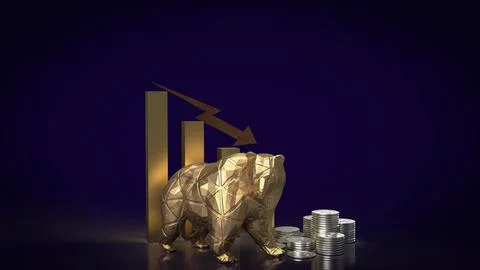 The gold bear and chart  arrow down for business concept 3d rendering Stock Illustration