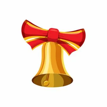 Gold bell with red bow icon, cartoon style Illustration