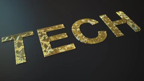 Gold bending wires form TECH word, 3d rendering Illustrazione stock