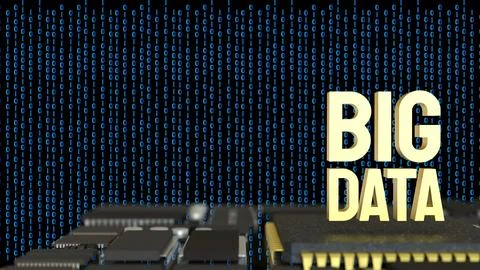 The Gold Big DATA on PCB board for technology concept 3d Rendering. Stock Illustration