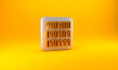Gold Binary code icon isolated on yellow background. Silver square button. 3D Stock Illustration