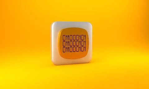 Gold Binary code icon isolated on yellow background. Silver square button. 3D 库存插图