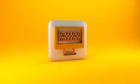 Gold Binary code icon isolated on yellow background. Silver square button. 3D Stock Illustration