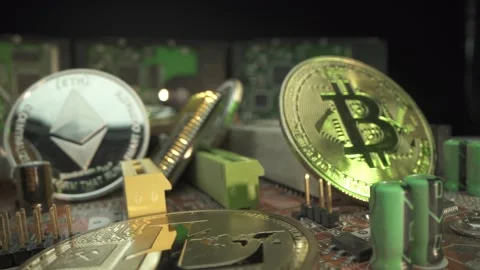 Gold bitcoin and silver Etherium in macro shot in the motherboard. Mining Video stock 141714036