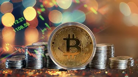 Gold, Bitcoin and Stackable Coins The idea of ??storing Bitcoin as a reserv.. Stock Photos