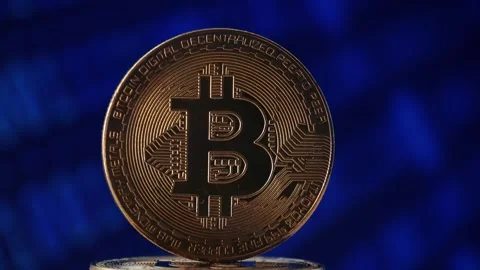Gold bitcoin in the background of a binary code. Digital wallet icon. Financial Stock Footage 270484519