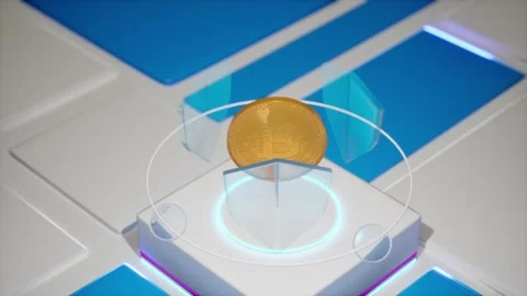 Gold Bitcoin BTC Coin Rotating Blue Holographic Tech Platform Stock Footage 337815600