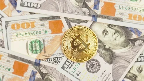 Gold bitcoin coin on the background of many dollars revolves Stock Footage 166104240