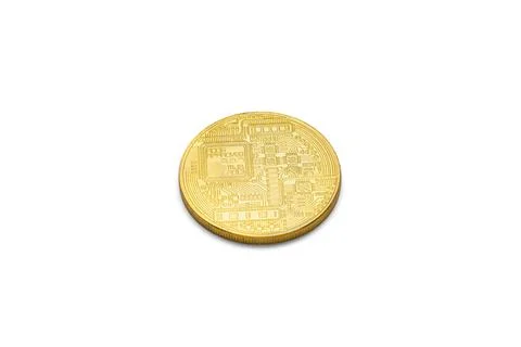 Gold bitcoin coin, reverse side, isolated on white background with reflection Stock Photos