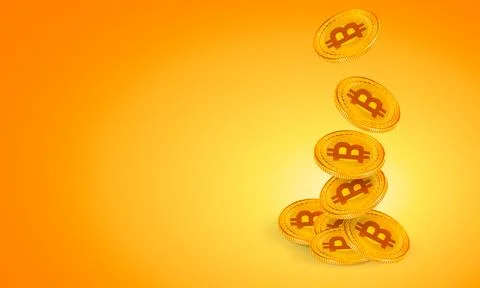 Gold bitcoin coins fall down in a stack on orange background Stock Illustration