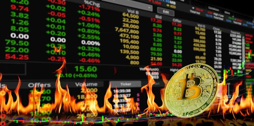 Gold bitcoin coins at fire flame and reading table background Stock Photos