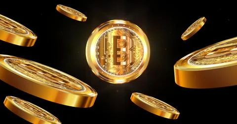 Gold bitcoin coins levitating in dark space Stock Illustration