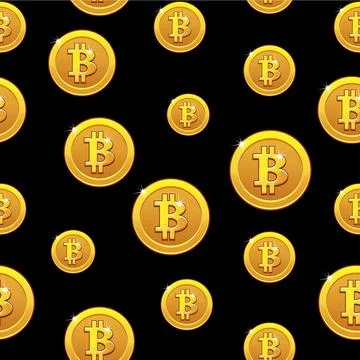 Gold Bitcoin coins seamless Pattern. Digital internet currency, vector back.. Stock Illustration